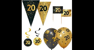 Feestpakket 20 jaar Zwart Goud XL – Vlaggenlijn 10 meter + 6 Ballonnen + 50 Prikkers + 4 Swirls – Golden Celebrations Decoratie