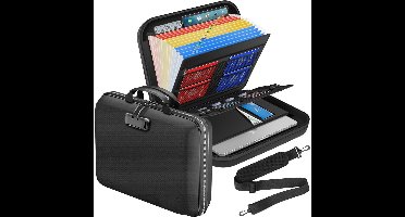 Brandveilige archiefdoos - Draagbare kluis - Harde aktetas - Brandveilige archiefdoos met slot en handvat - Bevat 13 vakken - Geschikt voor dossiermappen, ordners en laptops - Ideaal voor thuiswerkplekken