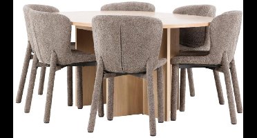 Strada eethoek uittrekbare tafel Ø120cm, 170cm en 6 stoelen whitewash, bruin.