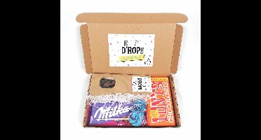 Brievenbus cadeau - "Het zit d'rop - bedankt" - Cadeaupakket Bedankt - met Snoep & Chocolade - Afscheidscadeau of Bedankje - Mix van Drop, Choco en Lolly's
