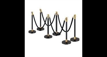 Afzetpalen – Afzetpaaltjes – Crowd Control Palen – Stangen – Koorden – Set van 6 Zwarte Roestvrijstalen Palen met 4 Rode Fluwelen Koorden – Duurzaam en Elegant