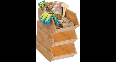 Home & Styling Stapelbare opbergmand - 3x - 18 x 31 x 12 cm - bamboe hout - lichtbruin - open organizer