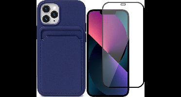 Hoesje geschikt voor iPhone 13 Pro Max Pasjeshouder Blauw - Siliconen Case Back Cover + Full Screen Protector Glas Screenprotector