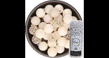 Decoris Kerstballen - 37x stuks - 6 cm - incl. kralenslinger - wol wit - kunststof