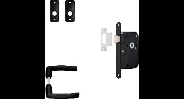 AXA Binnendeurbeslag set (Edge) Zwart: Kruk (model Blok) op rozet (rechthoek) en slot met zwarte voorplaat.