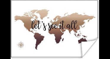 Poster Wereldkaart - Bruin - Kompas - 30x20 cm