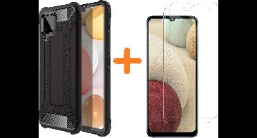 Geschikt voor Samsung Galaxy A12 5G Hoesje Schokbestendig Hybride hoesje rugged case Zwart - Geschikt voor Samsung Galaxy A12 2x Screenprotector