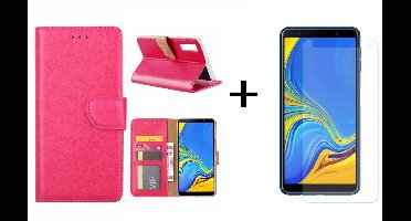 Ntech Hoesje Geschikt Voor Samsung Galaxy A7 2018 Roze BookType Hoesje & opbergvakjes + Glazen Screenprotector