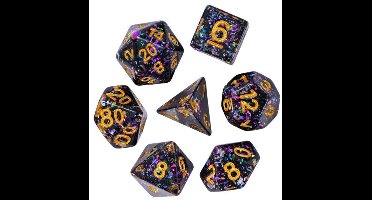 HOT Games dobbelstenen set Nebula glitter 7-delig paars transparant.