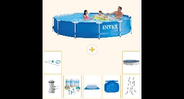 Intex Rond Frame Zwembad - 366 x 76 cm - Blauw - Inclusief Pomp - Onderhoudspakket - Grondzeil - Voetenbad - Ladder - Schoonmaakset - Afdekzeil - 8-delig