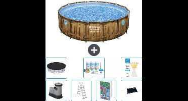 Bestway Rond Power Steel Swim Vista Zwembad - Houtprint - 488 x 122 - Inclusief Pomp - Ladder - Afdekzeil - Onderhoudspakket - Solar Mat - 8-delig