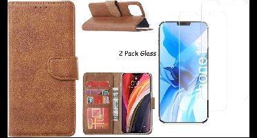 Hoesje Geschikt voor iPhone 12 Pro Max hoesje - portemonnee bookcase / wallet cover Bruin+ 2x tempered glass / Screenprotector