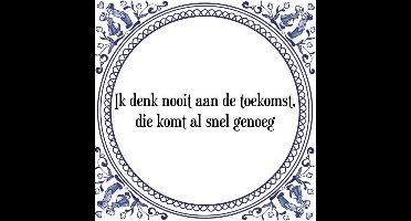 Tegeltje met Spreuk (Tegeltjeswijsheid): Ik denk nooit aan de toekomst, die komt al snel genoeg + Kado verpakking & Plakhanger