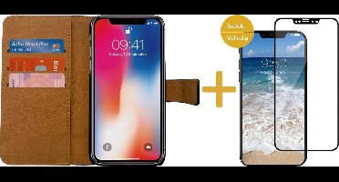 Hoesje Kunstlederen Bookcase geschikt voor Apple iPhone Xs / X + Screenprotector Volledig Dekkend Zwart - Portemonnee Wallet Zwart van iCall