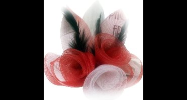 12x Broche tule 3 bloemen met veertjes rood-wit-rood
