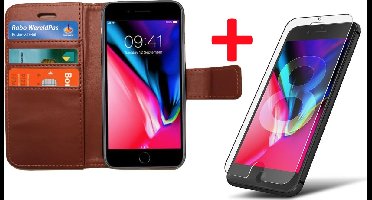 Hoesje geschikt voor Apple iPhone 8 Book Case Portemonnee + Screenprotector - Cover voor 3 Pasjes Bruin