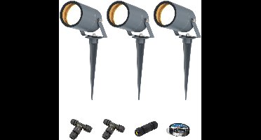 Set van 3 Spikey LED prikspots - GU10 4 Watt 345 lumen - Dimbaar - Kantelbaar - 2700K warm wit - IP65 Waterdicht - Antraciet - Tuinspots - Pinspots - Inclusief installatiemateriaal (Kabel & connector)