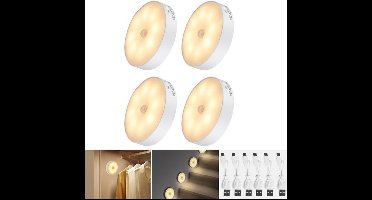 4 stuks nachtlampjes, kastlamp, USB-oplaadbare bewegingsmelderlamp voor binnen, nachtlampje met bewegingsmelder voor hal, keuken, trapverlichting, kinderkamer, kledingkastverlichting (warm wit)