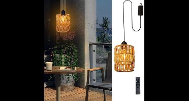 Rotan kroonluchter - Hanglamp op batterijen - Boheemse rotan lamp met warmwitte lamp - Werkt op 4 AA-batterijen - voor tuinhuisje, pergola, veranda, terras, buiten- en binnendecoratie