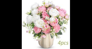 4 Bundels Pioenrozen Kunstbloemen, Neppioenrozen Bruiloft Kunstbloemboeket Voor Tafelmiddenstuk Voor Thuis Bruiloft Decoratie Bruidsbloemstuk (Wit + Roze)