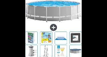 Intex Rond Prism Frame Zwembad - 457 x 122 cm - Grijs - Inclusief Pomp - Ladder - Grondzeil - Afdekzeil - Onderhoudspakket - Vloertegels - 9-delig