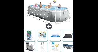 Intex Ovaal Prism Frame Zwembad - 610 x 305 x 122 cm - Grijs - Inclusief Pomp - Ladder - Grondzeil - Afdekzeil - Loungebed - Solar Mat - 9-delig