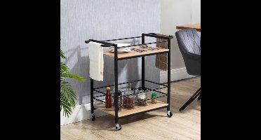 Keukenwagen – Serveerwagen – Trolley – Opbergwagen – Keukentrolley – Houten Planken & Stalen Frame – Verrijdbaar Met Railing 82x40x75 cm
