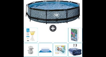 EXIT Rond Stone Frame Zwembad - 360 x 76 cm - Inclusief Pomp Grondzeil - Loungebed - Solarzeil - 7-delig