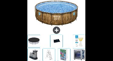 Bestway Rond Power Steel Swim Vista Zwembad - Houtprint - 488 x 122 - Inclusief Pomp - Ladder - Afdekzeil - Solar Mat - Warmtepomp - 8-delig