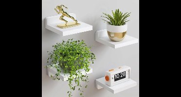 Zwevende planken 4 stuks - 13 x 13 cm kleine wandplanken - Rustiek houten mini display plankjes - Voor in de slaapkamer, badkamer, keuken en kantoor - Muurbevestiging - Wit