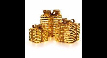 LED Cadeaubox Set van 3 – Gouden Verlichte Kerstcadeaus – Warm Wit Licht – 6/18 Uurs Timer – Batterij Werkt – Kerstdecoratie Binnen
