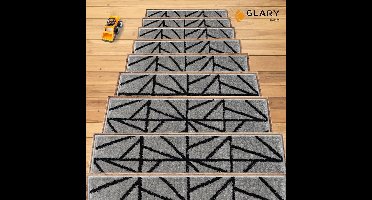 Glary Home Trapmatten -Set van 15 trapmatten -22 x 71 cm x 1,2 cm -Zelfklevend traptapijt (driehoekig patroon, Grijs-Zwart)