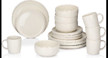 alpina Serviesset 16-Delig - Bordenset 4 Persoons - Aardewerk Servies - Ontbijtborden, Dinerborden, Kommen en Mokken - Magnetron en Vaatwasser Bestendig - Créme