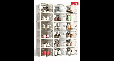 Hoppa! schoendozen, set van 18, opbergdozen voor schoenen, schoen organizer, plastic dozen, opvouwbaar en stapelbaar, voor schoenen tot maat 42, transparant wit