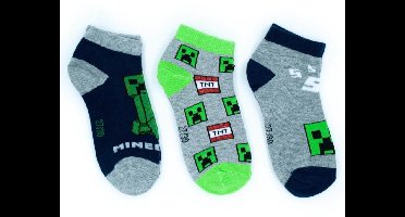 Minecraft Sokken - Maat 35/38 - Kindersokken - Sokjes - 3 stuks - Enkelsokken voor jongens - Voor kinderen - Grijs/zwart/groen