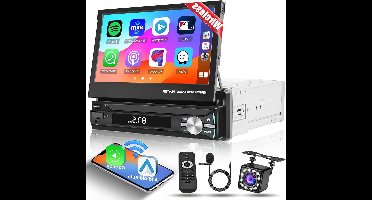 Autoradio 1 DIN – Carplay Radio – Bluetooth Autoradio – Android Auto Radio – Draadloze Autoradio – 7 Inch Inklapbaar Scherm – Wireless CarPlay en Achteruitrijcamera met Nachtzicht