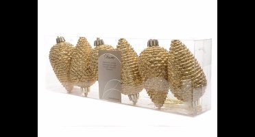 Decoris Kersthangers dennenappels - 18x st - goud - glitter - 8 cm - kunststof - kerstversiering