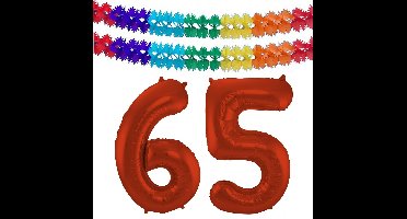 Folat Verjaardag Leeftijd folieballon - 65 jaar - rood - 86 cm - cijferballon groot - incl 2x feestslingers