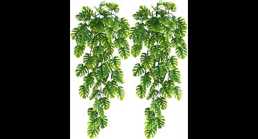 Kunstmatige hangplanten (2 stuks) - Nep Monstera bladeren, klimoprank, kunstgroen, UV-bestendig, tropische palmbladplant voor buiten, tuin, huis, jungle, Hawaïaanse luau, feest, lente, zomer decoratie