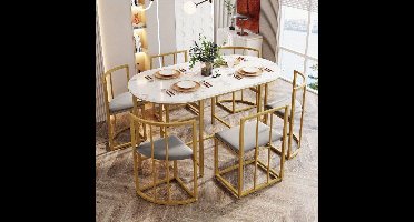Eettafelset – Eetkamerset – Eethoek – Diningset – Woonkamerset – Witte Tafel Met Zes Grijze Stoelen – Gouden Metalen Frame – Comfortabele Rugleuning