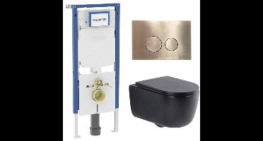 QeramiQ Dely Swirl Toiletset - 36.3x51.7cm - Geberit UP720 Duofix Sigma inbouwreservoir -slim zitting - geborsteld messing bedieningsplaat - ronde knoppen - mat zwart