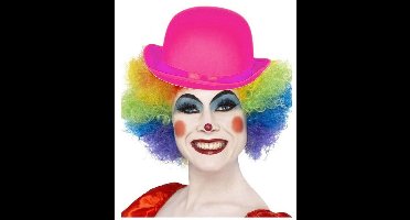 Smiffys Clown verkleed set - gekleurde pruik - met bolhoedje roze - Carnaval clowns verkleedkleding en accessoires - volwassenen