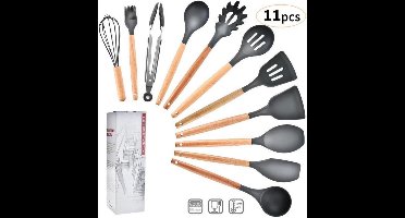 Keukengerei Set met Houder 11 delig - Siliconen spatels - Spatelset - Keukenspatel | Pannenlikker, Bakspaan, Garde, Bakkwast, Pastalepel, Bakspaan, Schuimspaan | Hittebestendig - BPA vrij | Anti-aanbak (Grijs)