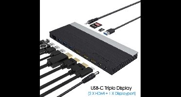 Wavlink USB-C Docking station 2 x HDMI - 1 x Displayport - 100W opladen - Ethernet - kaartlezer - 4 x USB-A - Audio In/Uit - Geschikt voor laptops met Thunderbolt 5, Thunderbolt 4, Thunderbolt 3 en USB-C