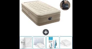 Intex Luchtbed - 1-Persoons - 99 x 191 x 46 cm - Beige - Inclusief pomp - Hoeslaken - Kussen - Reparatieset en Kussenbeschermer