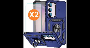 Hoesje Geschikt Voor Samsung Galaxy S23 FE hoesje backcover Blauw met Ring Houder en camera bescherming - Met Screenprotector - 2 stuks