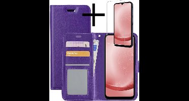 Hoesje - Met Screenprotector - Geschikt voor Samsung Galaxy A25 - Luxe Pasjeshouder - Bookcase Portemonee - Flip Case - Kunstleer Book Case - Flipcase - Book Cover - Walletcase - Portemonneehoes - Paars