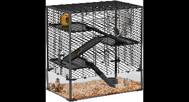 Hamsterkooi – Knaagdierkooi – Dwerg Hamster Kooi – Hamster Verblijf – Vier Verdiepingen – Geharde Glazen Bodem – Inclusief Renwiel