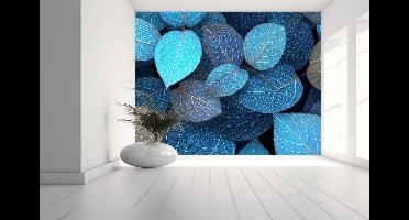 Naadloos behang Fotobehang - Ethereal Blue Leaf Harmony - 250x50 centimeter