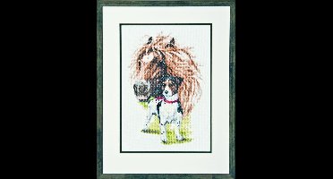 Pako Borduurpakket - telpatroon met codekaart - paard met Jack Russel hond - 237.097 - voorgesorteerd garen - Aida - 21 x 30 cm - DIY kit